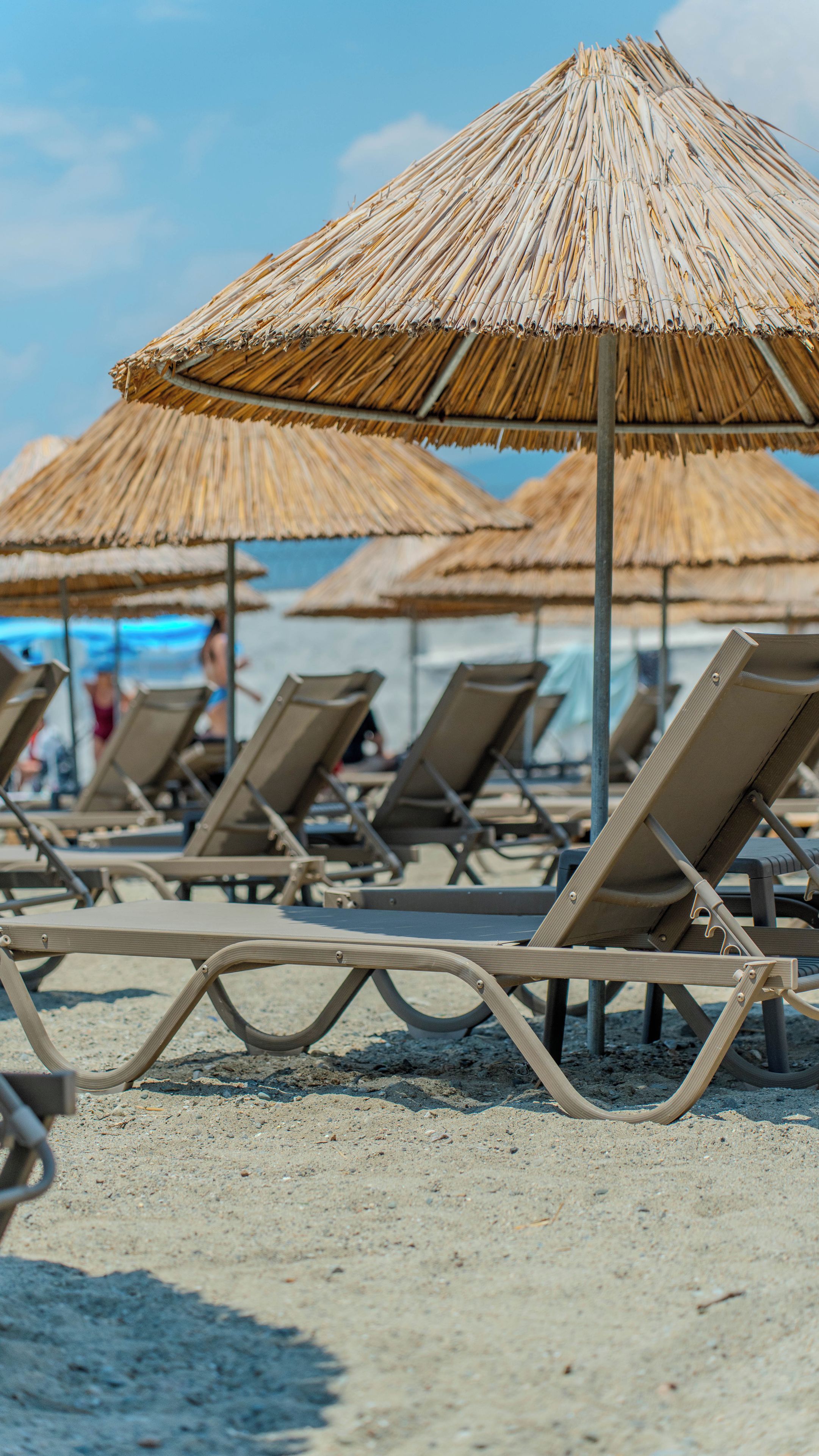 Beach umbrellas and lounge chairs arranged on a sandy beach.