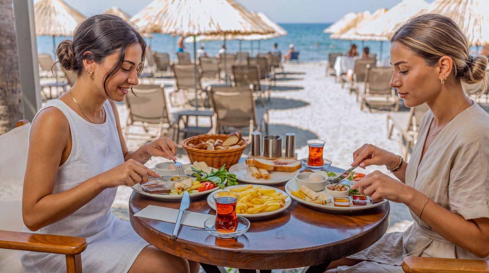 Two people dining at a round wooden table with a view of the beach and ocean in the background.