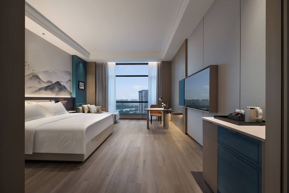 Desk, laptop workspace, blackout drapes, iron/ironing board