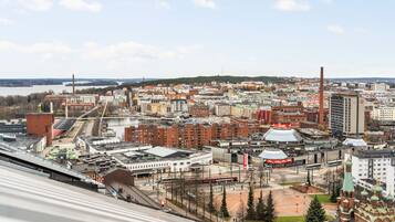 A cityscape with a prominent church, a bridge, and various buildings including a factory and a hotel.