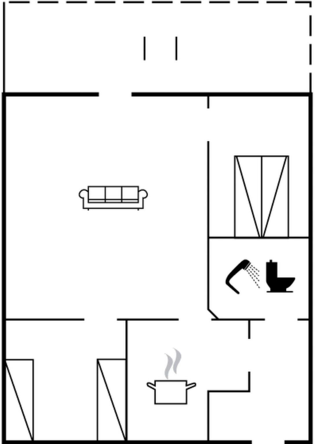 A simple floor plan with a sofa, a shower area, and a stove.