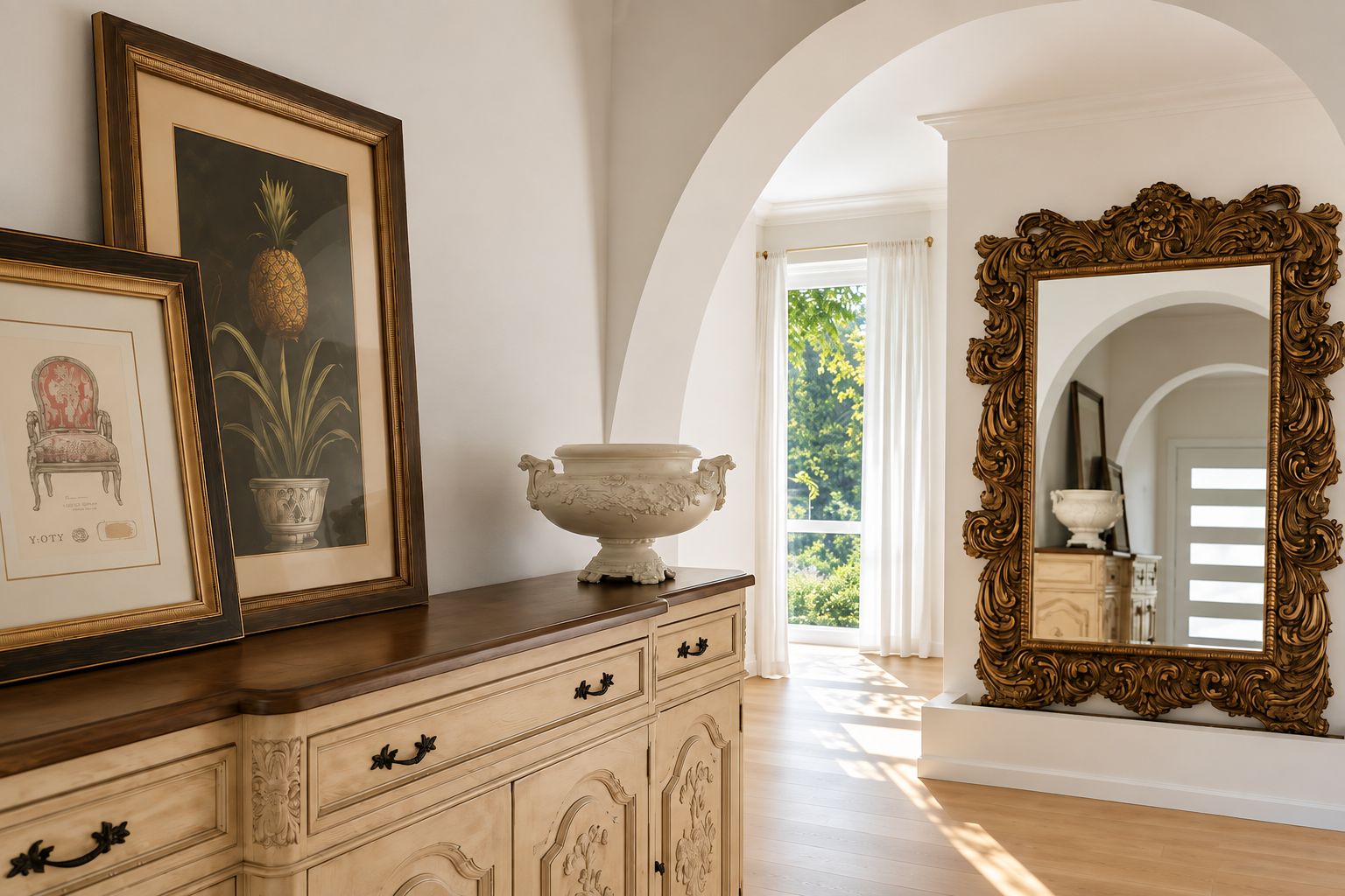 A room with a wooden cabinet, a large ornate mirror, and framed artwork.