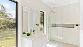 Hair dryer, towels, soap, toilet paper