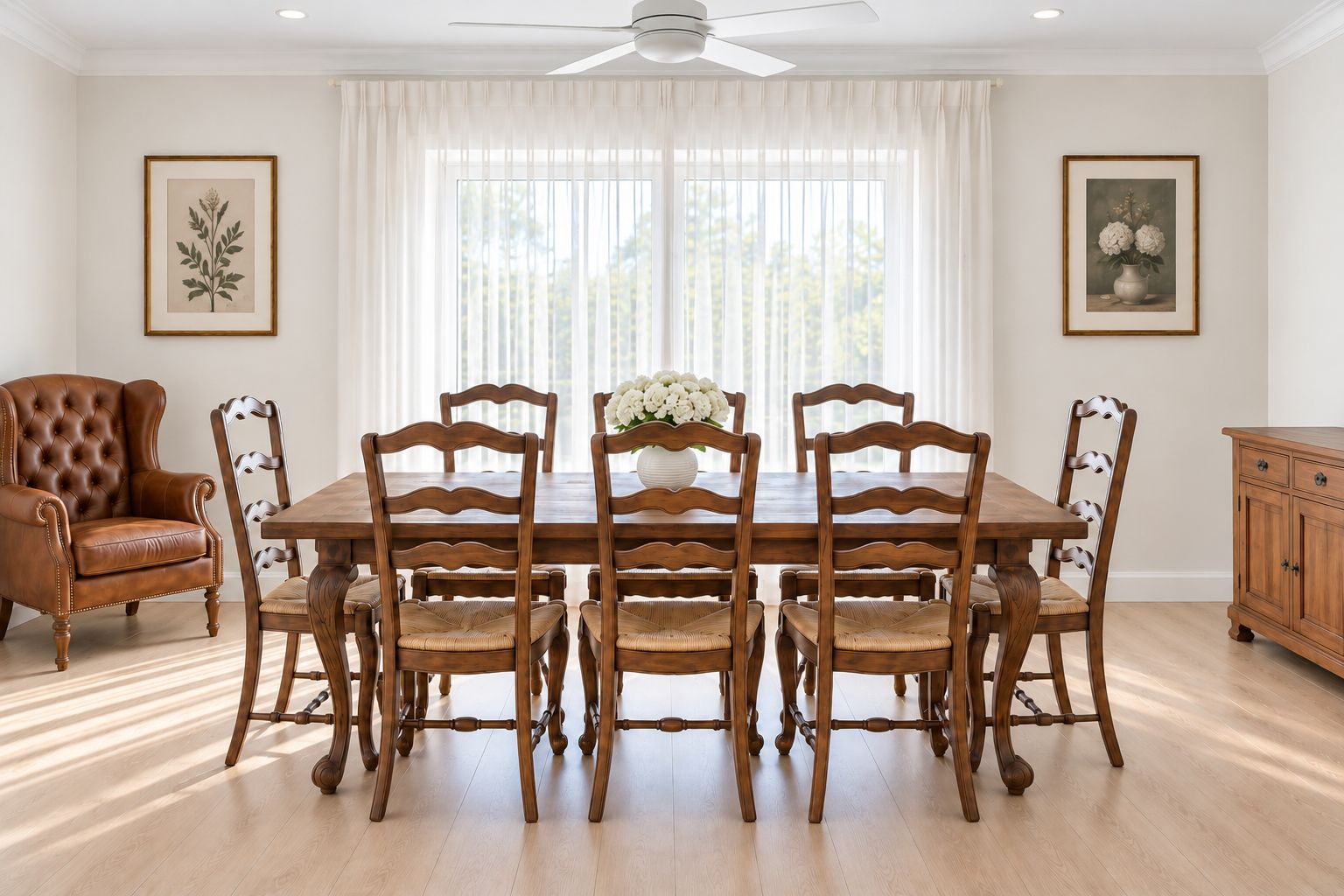 Une salle à manger avec une table et des chaises en bois, un fauteuil en cuir et un ventilateur de plafond.