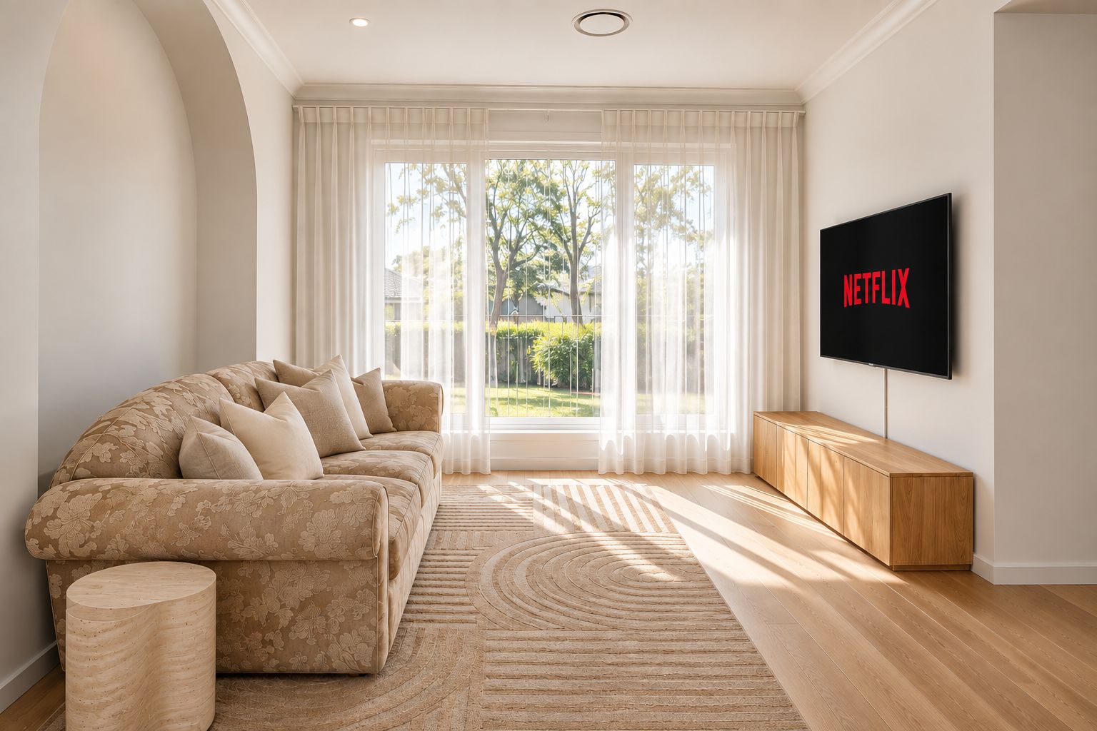 Ein Wohnzimmer mit einer Couch, einem Fernseher und Blick auf einen Garten durch große Fenster.