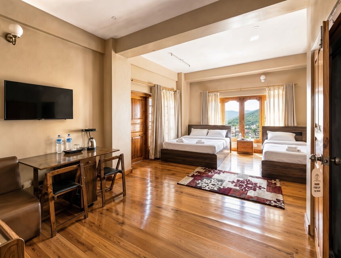 Family Studio Suite, 2 Queen Beds, City View | Laptop workspace, individually furnished, bed sheets