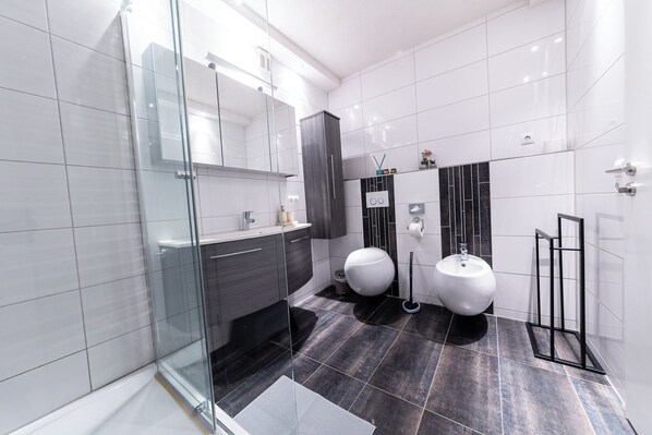 Shower, hair dryer, bidet, towels