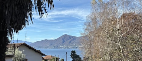 A residential area with a house, a well-maintained hedge, and a view of a lake with mountains in the background.