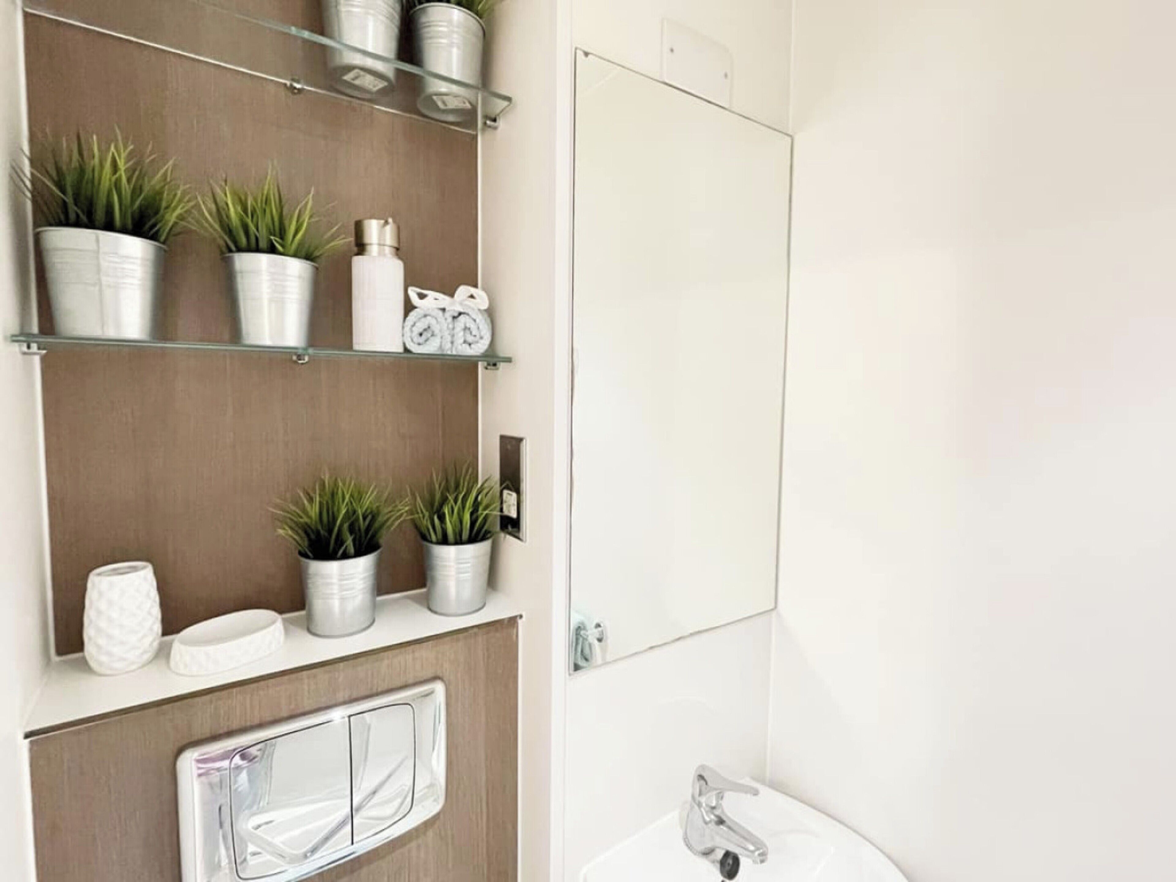 Un baño con un mueble de tocador de madera, un espejo, un lavamanos y estantes con plantas y artículos de aseo.