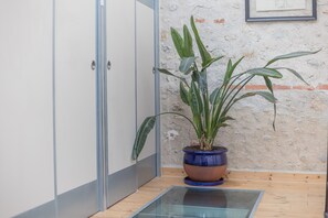 Une plante en pot, dans un pot bleu, posée sur un plancher en bois, une table en verre et une porte blanche avec une poignée en métal.