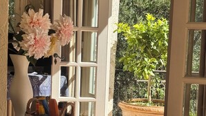 An open door leading to a garden with a large planter and a wicker basket on a table. - Beautiful French Riviera Provençal Family Villa with Pool (Châteauneuf-Grasse)