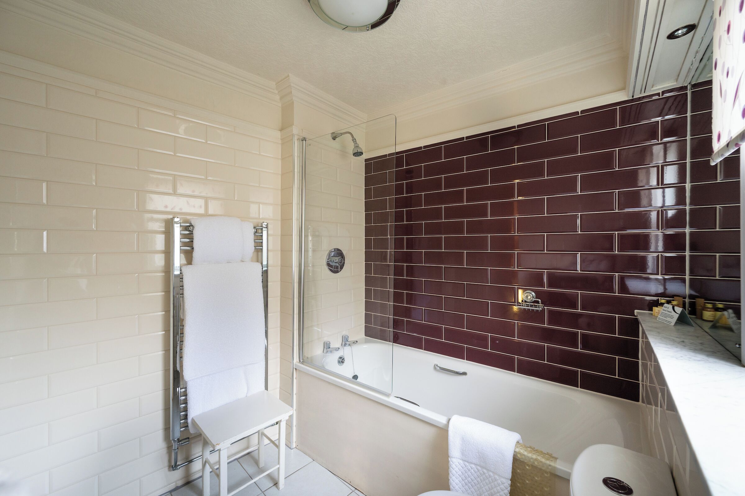 A modern bathroom with a white bathtub, a glass-enclosed shower, and a dark red tiled wall.
