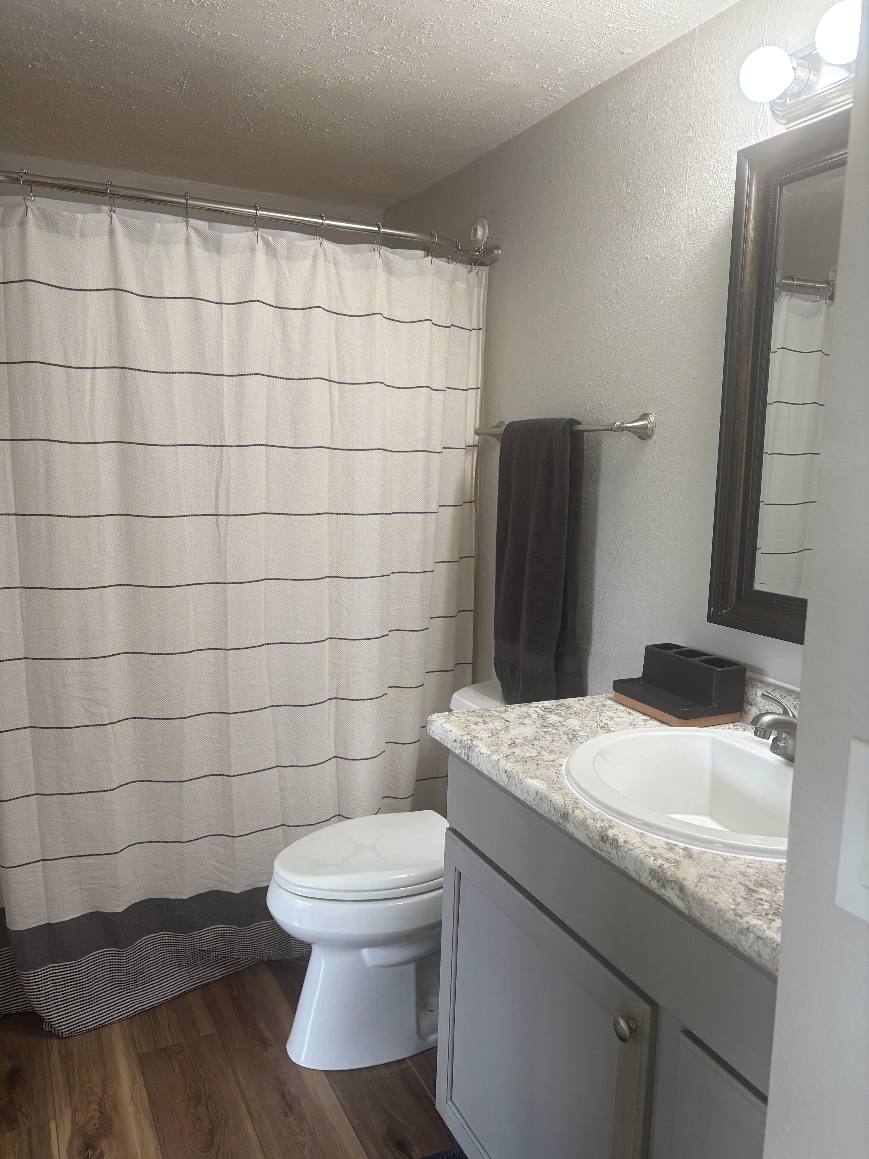 Hair dryer, towels, soap, toilet paper