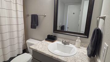 Hair dryer, towels, soap, toilet paper