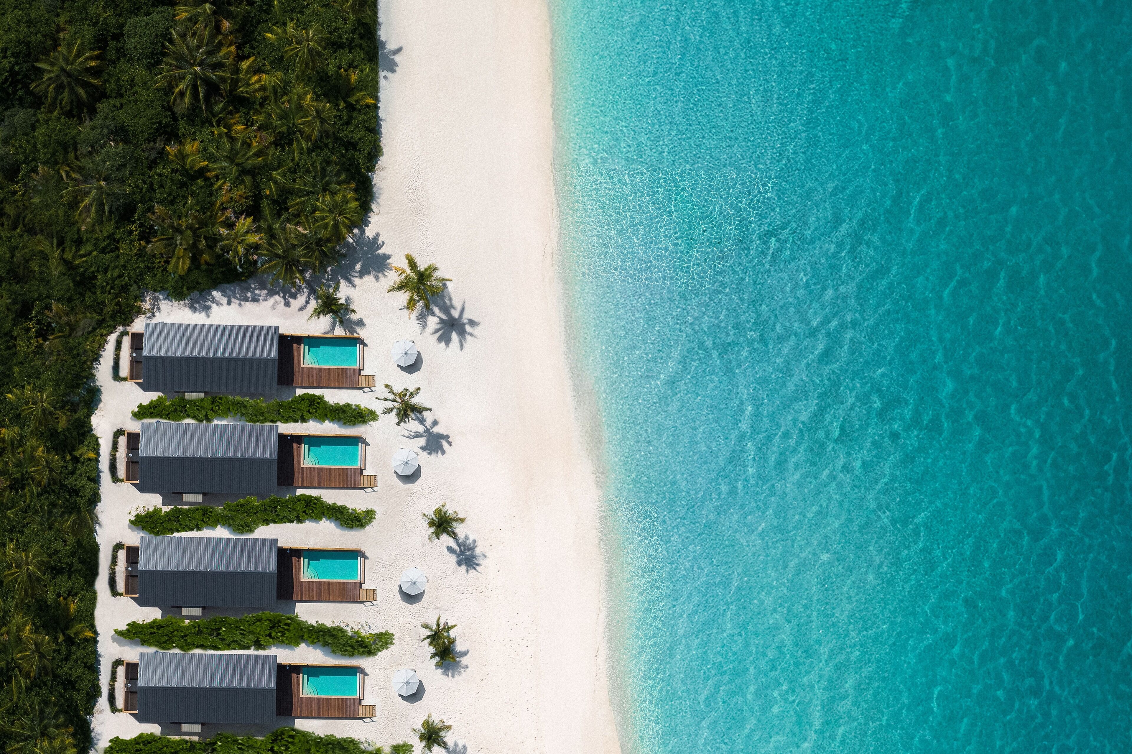 Oversigtsbillede af et resort ved stranden med flere vandhuse, hvor hvert vandhus har en privat pool og er omgivet af palmer.