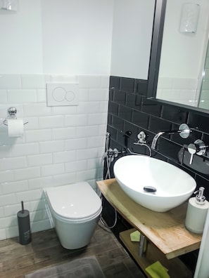 Hair dryer, towels, soap, toilet paper