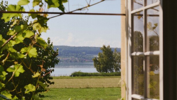 A view through a window with a table set for dining, a clear sky, and a body of water in the distance. - Hotel St. Petersinsel (Twann)