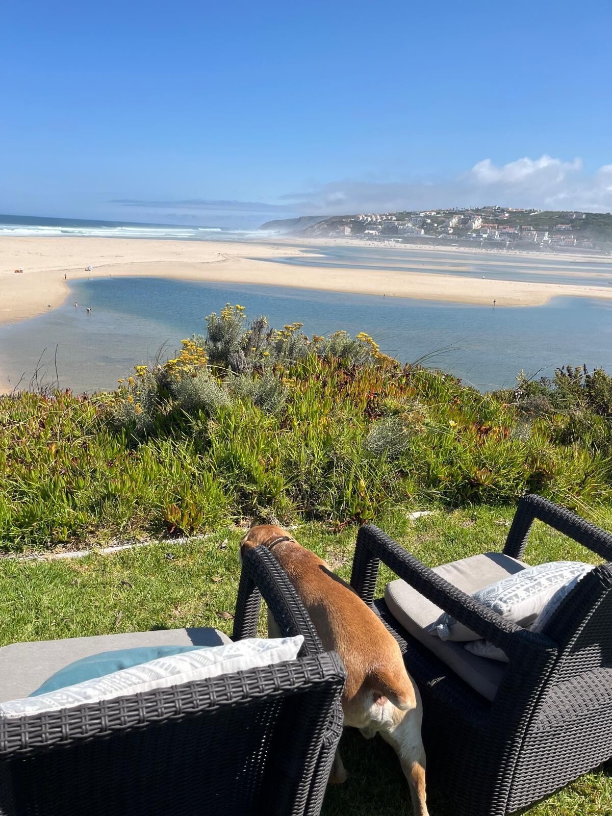 En la playa, camastros y toallas de playa 