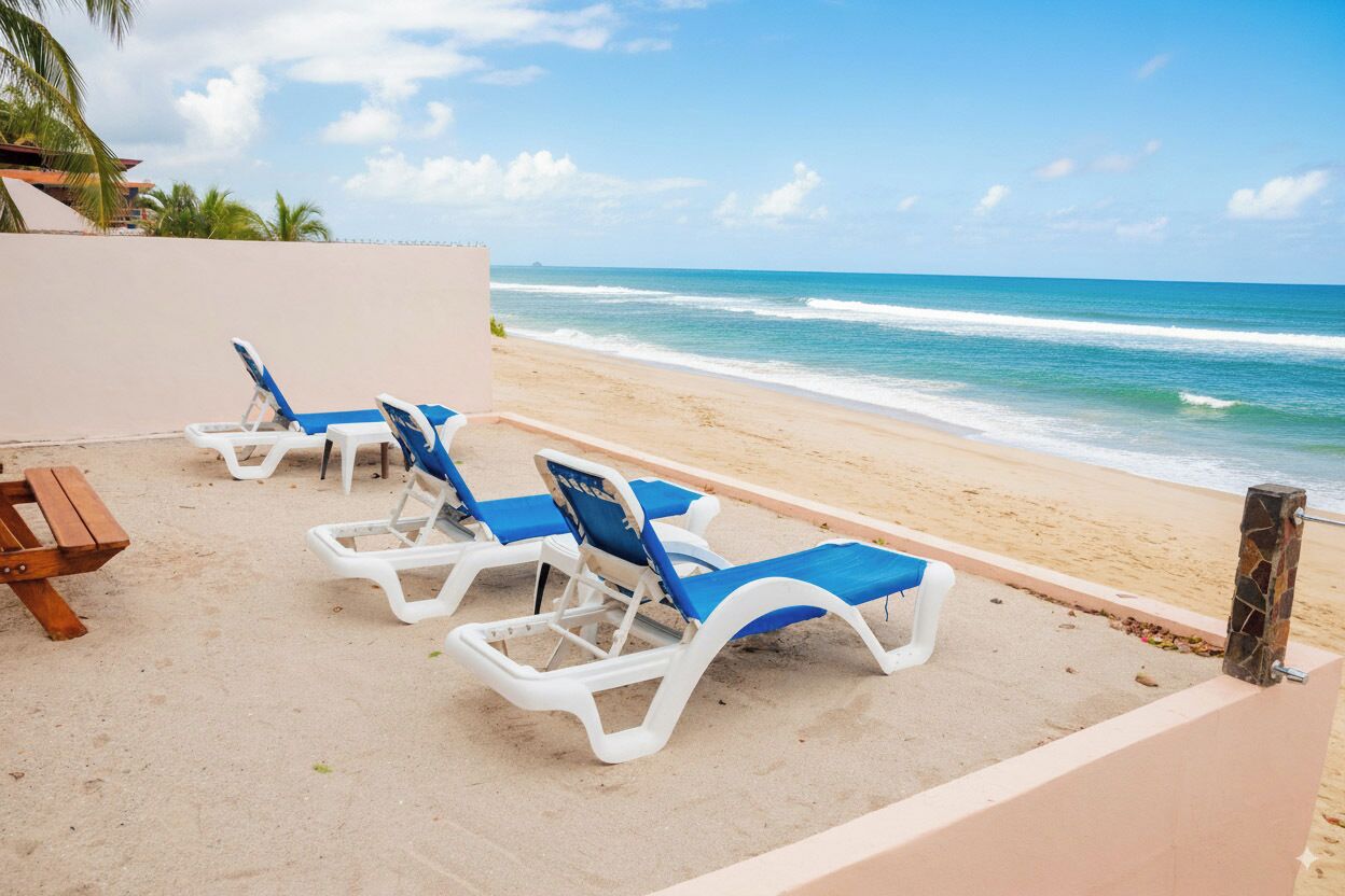 A beachside lounge area with white and blue lounge chairs, a wooden table, and a view of the ocean.