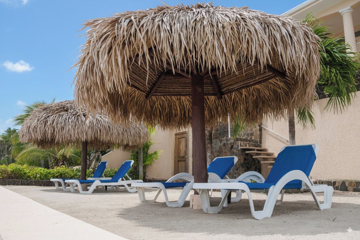 A beachside lounge area with thatched umbrellas and white lounge chairs.