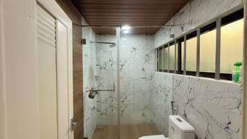 Une salle de bain avec une douche à parois en verre, des toilettes et un lavabo.