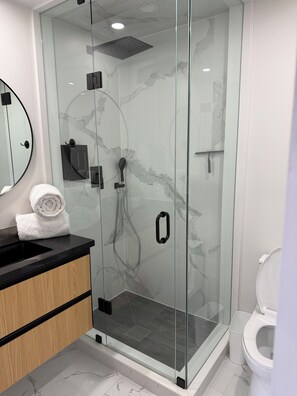 A modern bathroom with a glass-enclosed shower, a black countertop, a wooden cabinet, and a white toilet.