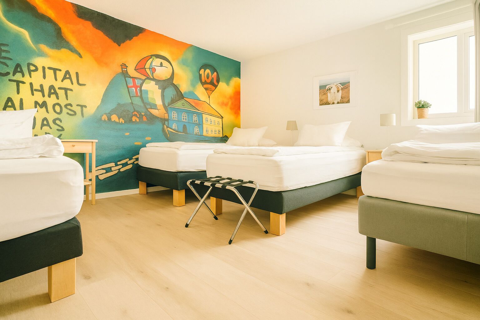 Familien-Vierbettzimmer | Hochwertige Bettwaren, individuell dekoriert, Schreibtisch