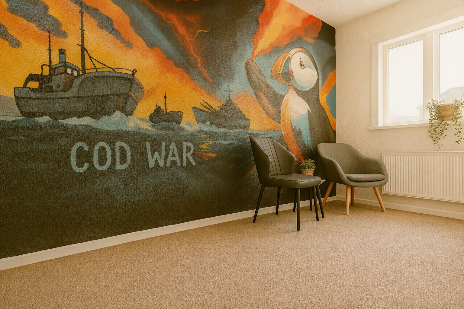 A room with a large wall mural depicting a ship and the text "COD WAR". There are two chairs and a radiator on the wall.