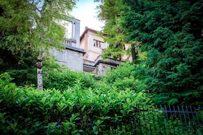 Un jardin luxuriant, avec un feuillage dense, et un bâtiment doté d’un balcon.