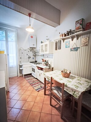 Appartement, vue sur la montagne | Cuisine privée | Réfrigérateur, un four, surface de cuisson, vaisselle et ustensiles