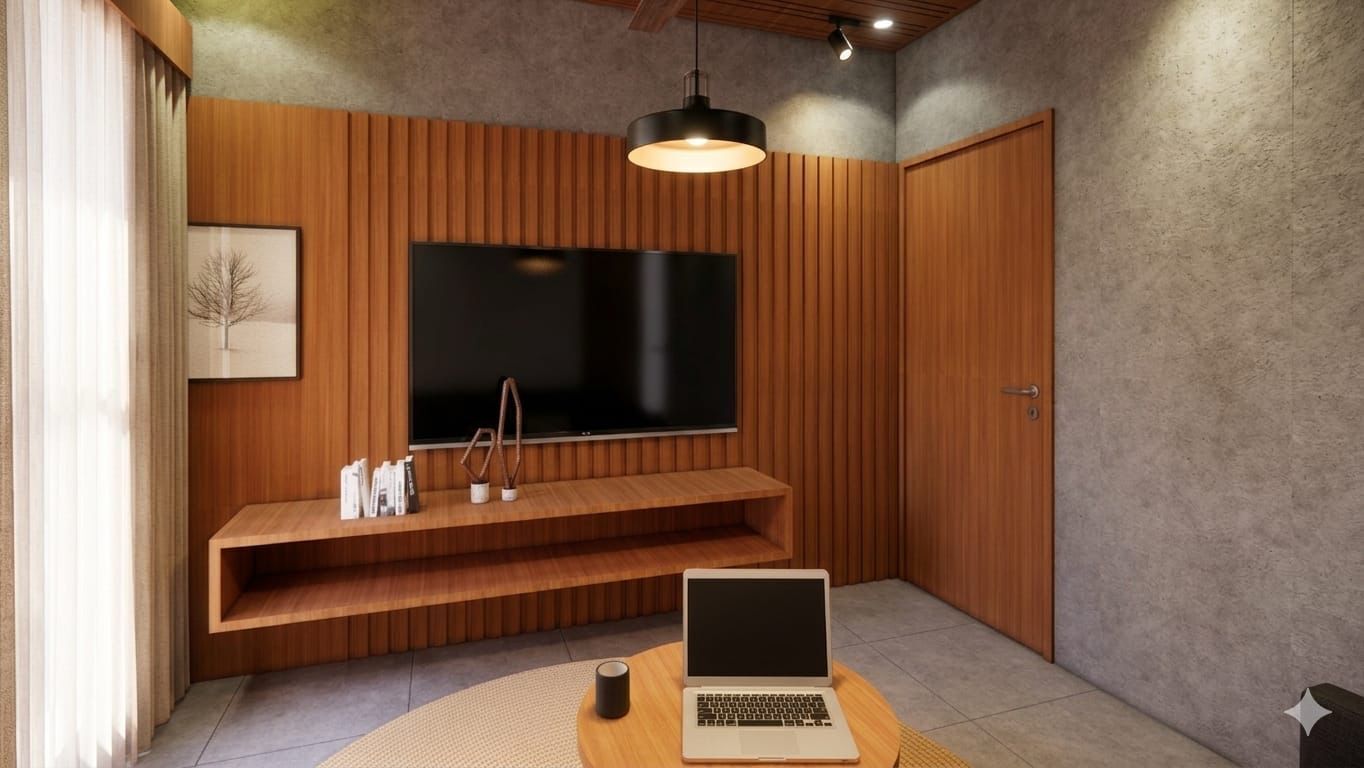 A modern room with a flat-screen TV mounted on a wooden wall, a laptop on a wooden table, and a hanging light fixture.