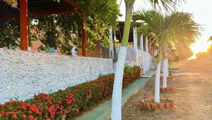 A pathway lined with potted plants and a white wall with a red structure on the left. - Pousada Toa Toa Maruda (Marapanim)