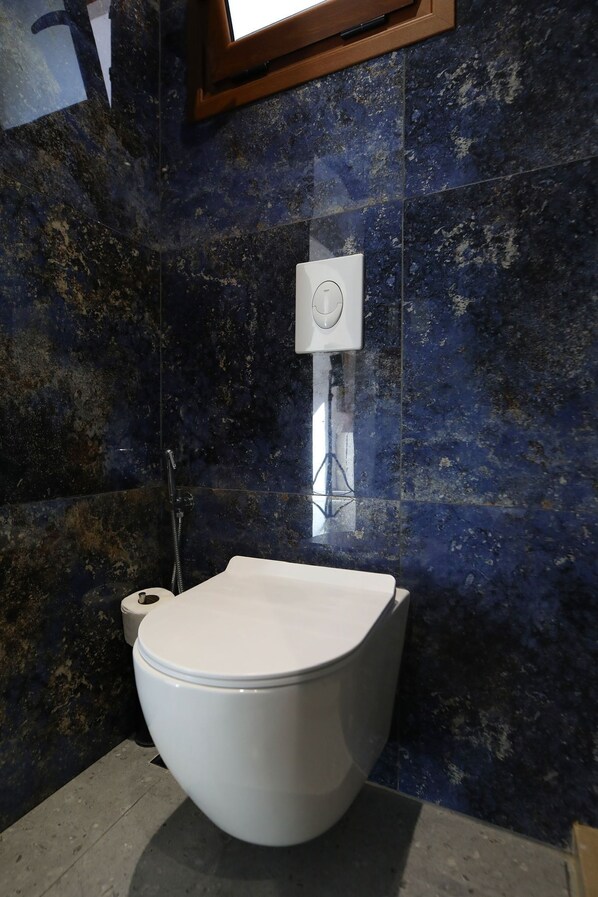 A modern bathroom with a white toilet, a shower, and a wall-mounted control panel. - Hill Suites (Vlore)