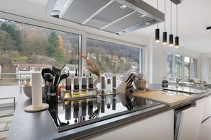 A modern kitchen with a large island, a view of a hillside, and a skylight.