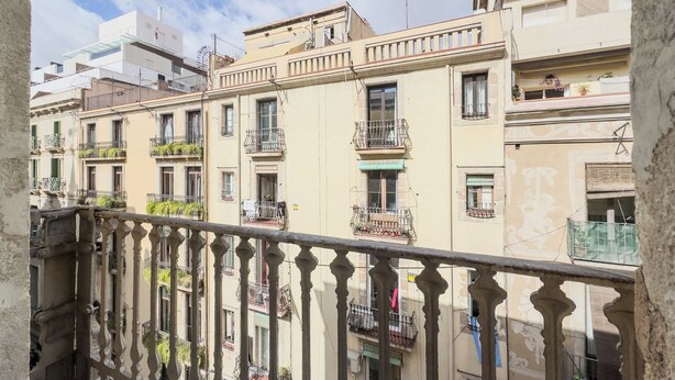 Una hilera de edificios de varios pisos con balcones, algunos con plantas.