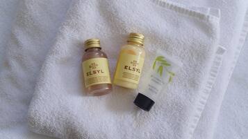 Shower, towels, soap, shampoo