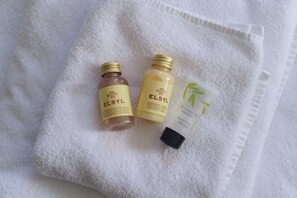 Shower, towels, soap, shampoo