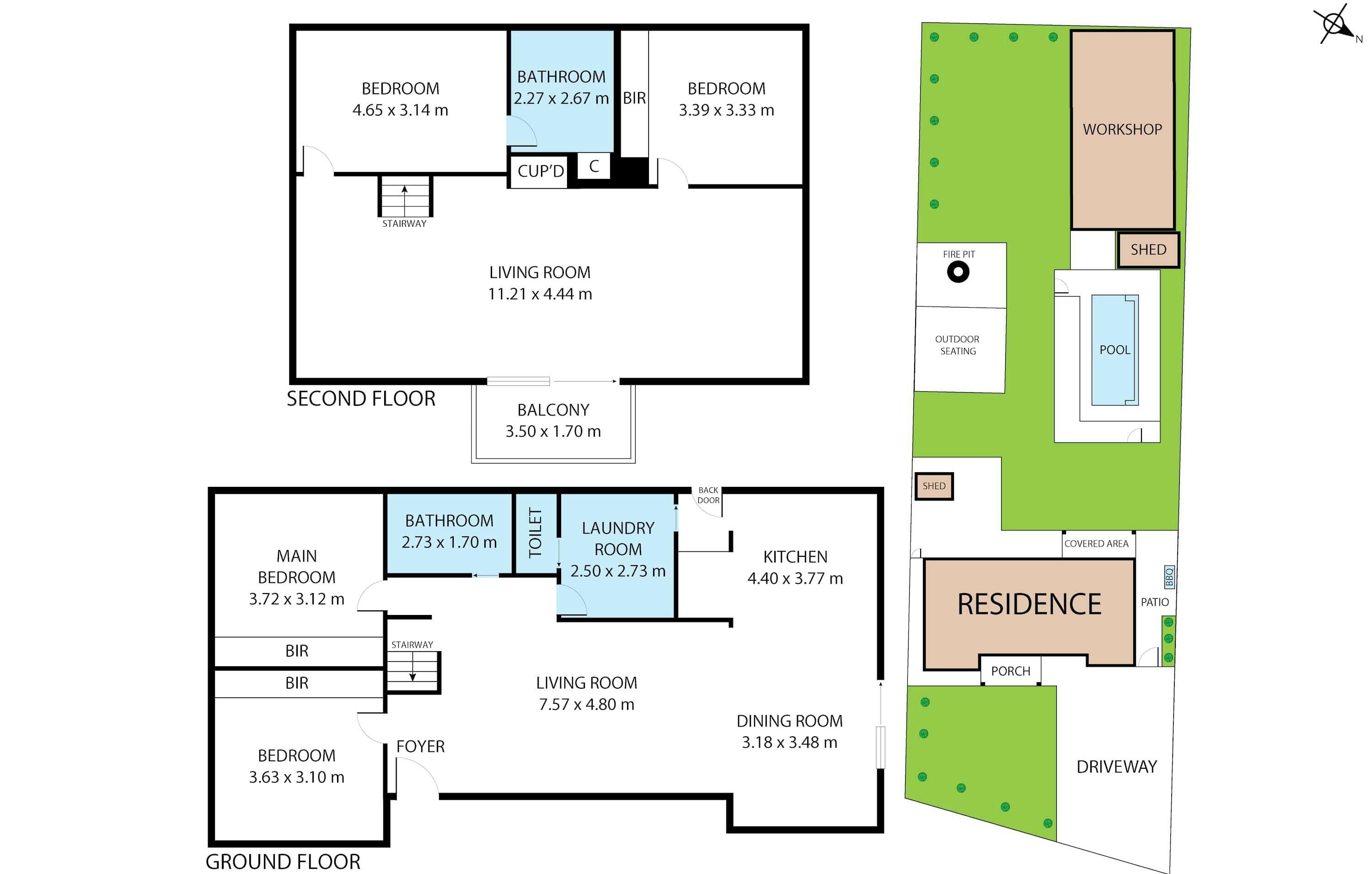 Plano de planta de una residencia de dos pisos, que incluye dormitorios, sala de estar, balcón, cocina, comedor y baño.