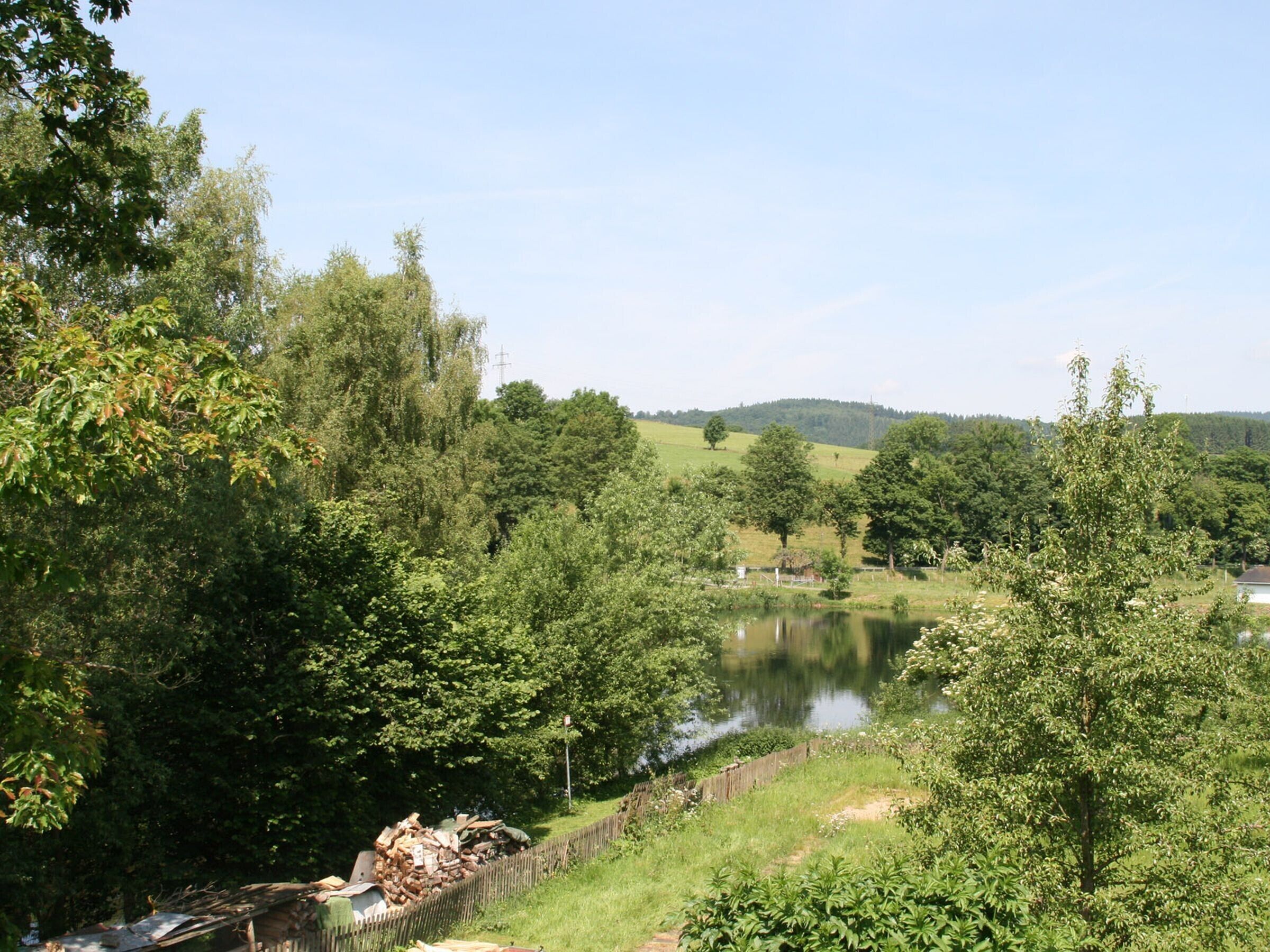 A rural landscape with a river, trees, and a pile of logs.