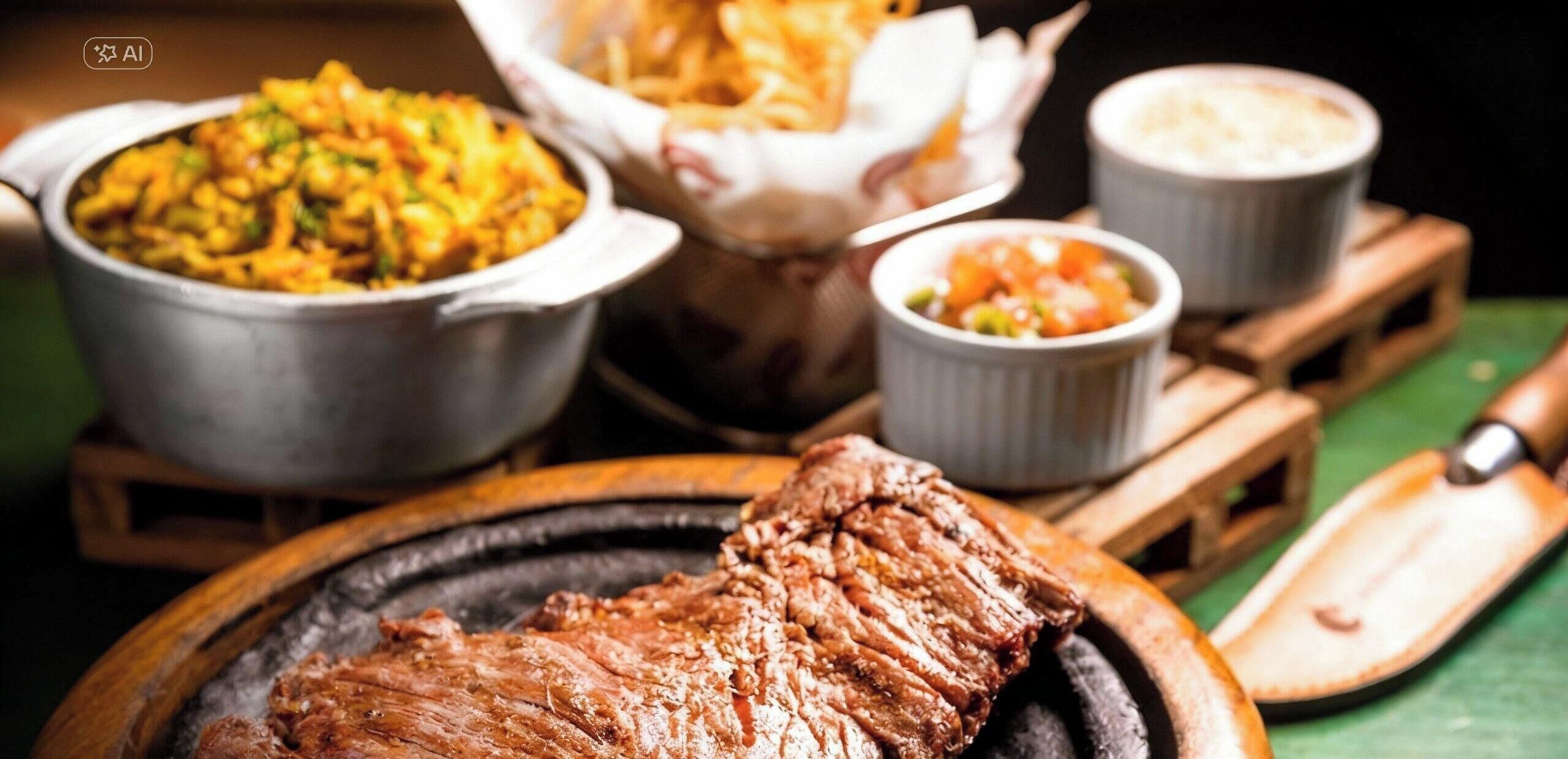 A meal with grilled meat, a pot of food, and two small bowls of sauces on a wooden table.