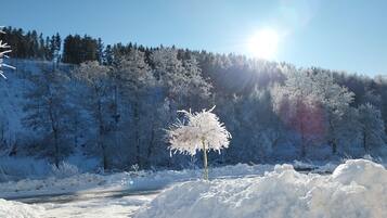 A snow-covered landscape with a clear sky, a path, and a pile of snow.