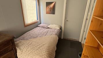 A bedroom with a bed, a dresser, a door, and a shelf unit.