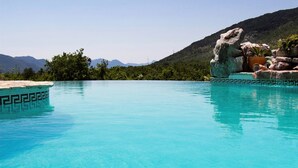 A clear blue pool with a geometric tile pattern on the edge, surrounded by rocks and plants, with a mountainous backdrop. - The Hidden Village Treasure - Villa Olka (Grabovac)