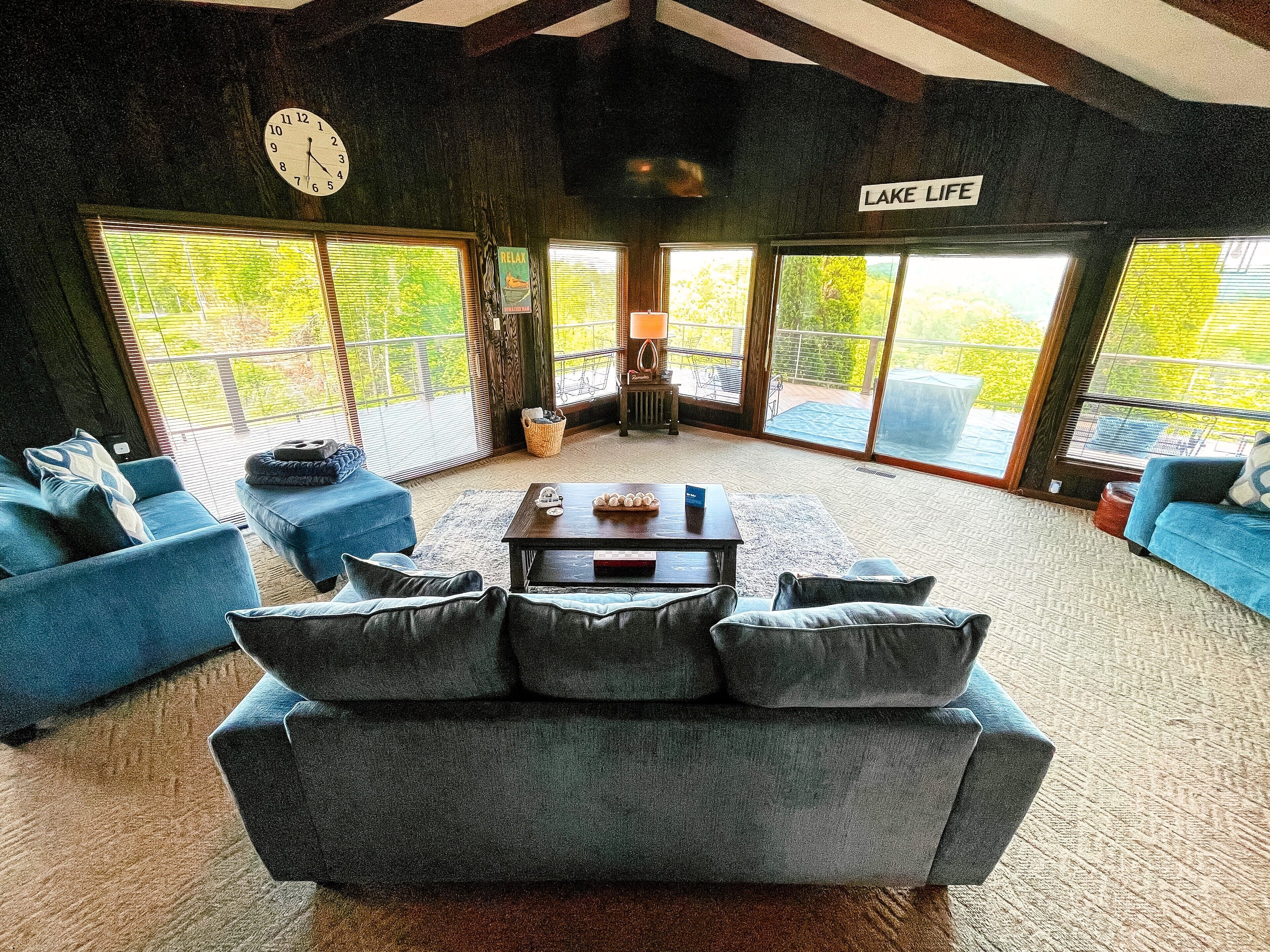 Smart TV, fireplace, books, stereo