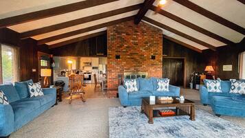 Smart TV, fireplace, books, stereo