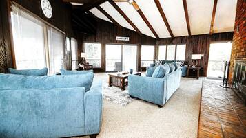 TV connectée, cheminée, livres, chaßne hi-fi