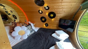 A cozy room with a bed, pillows, a TV, and wall-mounted records. - Dinky Disc - Cosy Hot Tub Escape (Chorleywood)