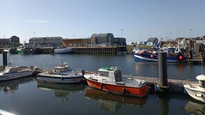 En småbåtshamn med olika typer av båtar förtöjda, en brygga och byggnader i bakgrunden.