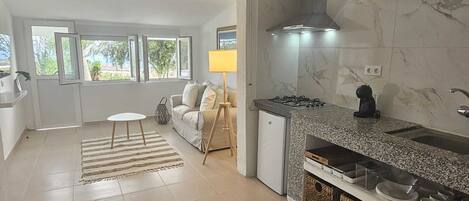 Fridge, microwave, stovetop, electric kettle