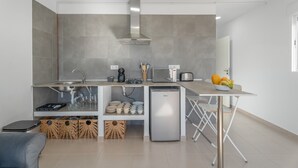 Eine moderne Küche mit Einbauofen, Mikrowelle und Spüle, einem kleinen Kühlschrank und einer Obstschale auf der Arbeitsfläche.